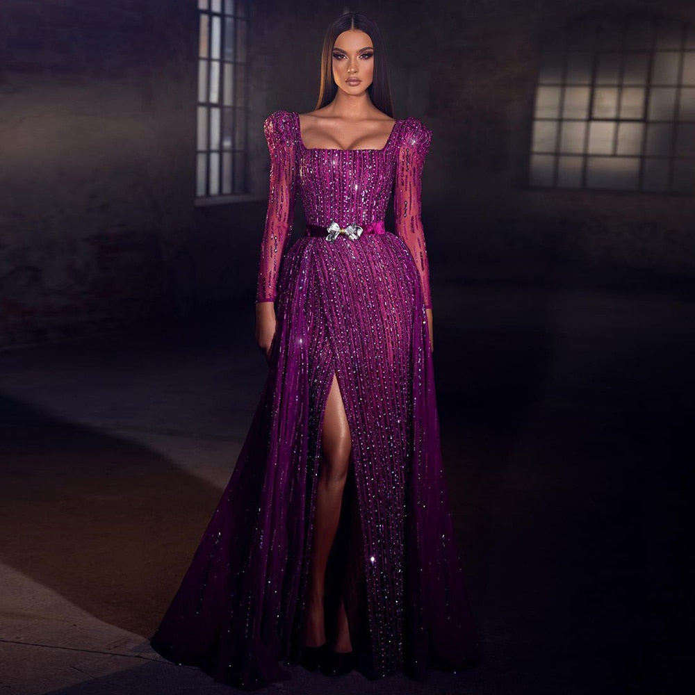 Luxury Dubai Fuchsia Evening Dress for Women Elegant Long Sleeve Overlay Arabic Formal Wedding Party Gown