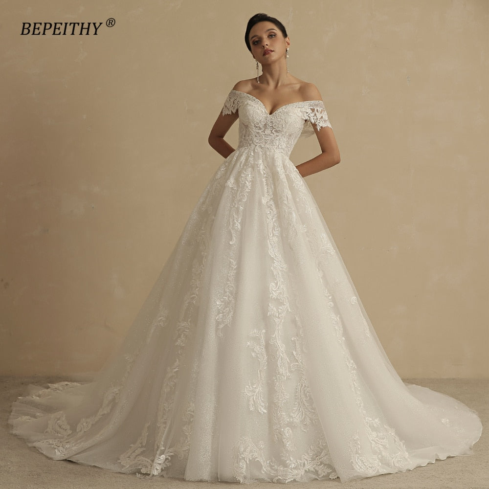 Abito da Sposa Principessa con Glitter per Donne 2023 - Abito da Sposa Boho in Pizzo Senza Maniche Elegante