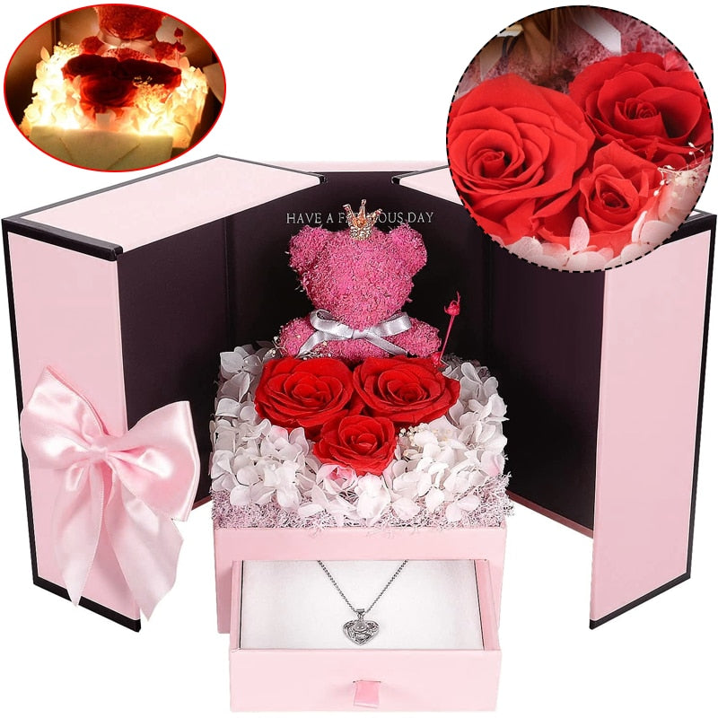 Porta Gioiello con Rosa Eterna, Porta Anello e Orsacchiotto Sorpresa Romantica per San Valentino, Compleanno, Fidanzamento o Matrimoni - Bridetobe.it