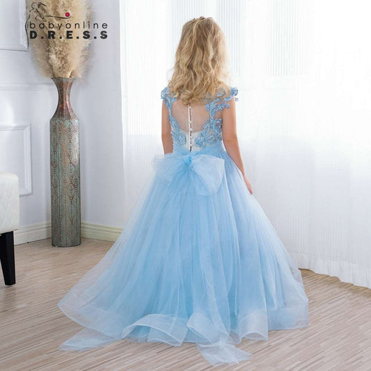 Abito da ballo Principessa A-Linea con Applicazioni in Pizzo di Fiore Fatato Blu Chiaro per Ragazza d'Onore al Matrimonio - Bridetobe.it